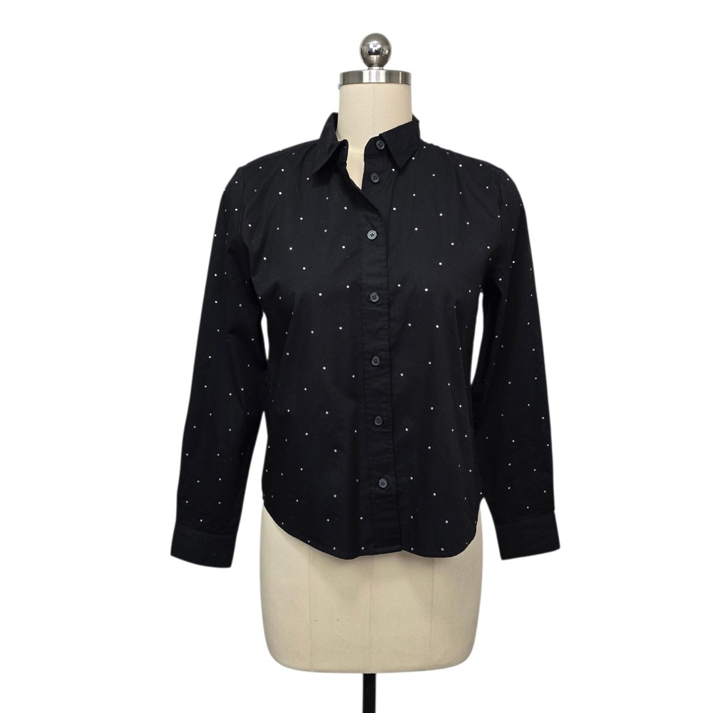 NWT J.Crew Womens Black‎ Rhinestone Embellished Button Down Shirt CE968 XXS